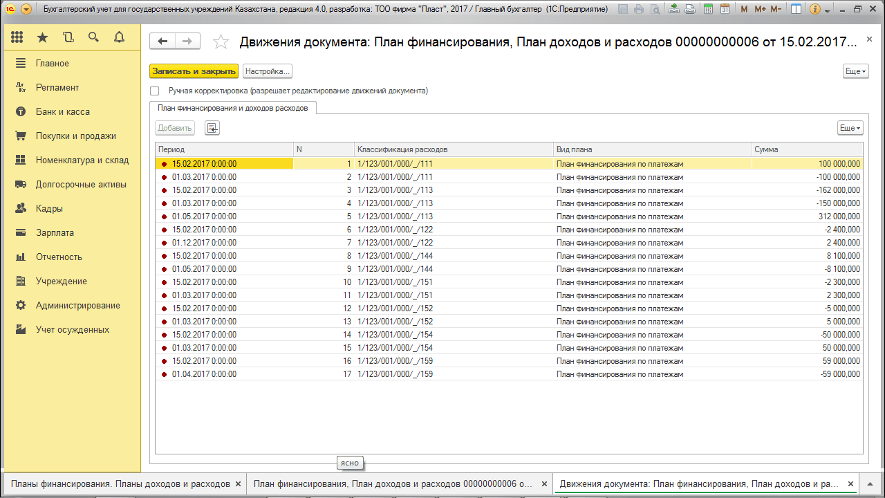 Движения документа план финансирования